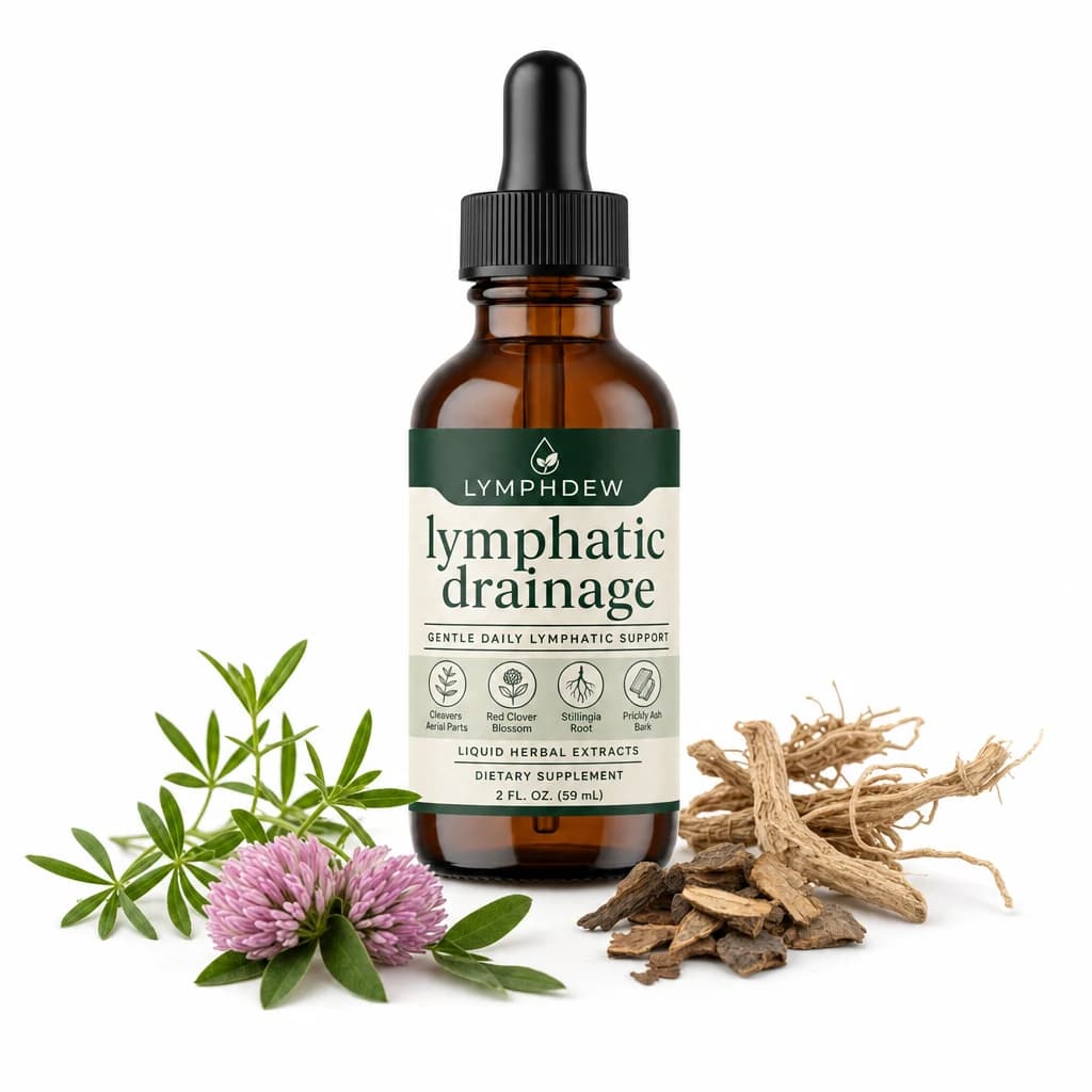 LymphDew bottle surrounded by cleavers, red clover, stillingia root and prickly ash bark