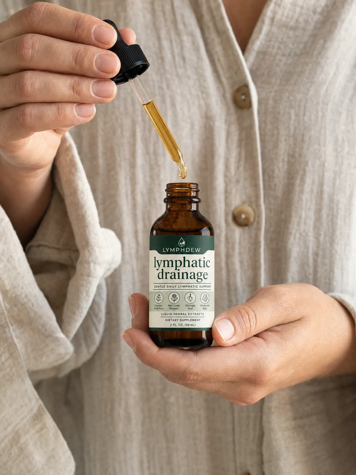 Two hands holding a LymphDew bottle and its glass dropper with a single golden drop