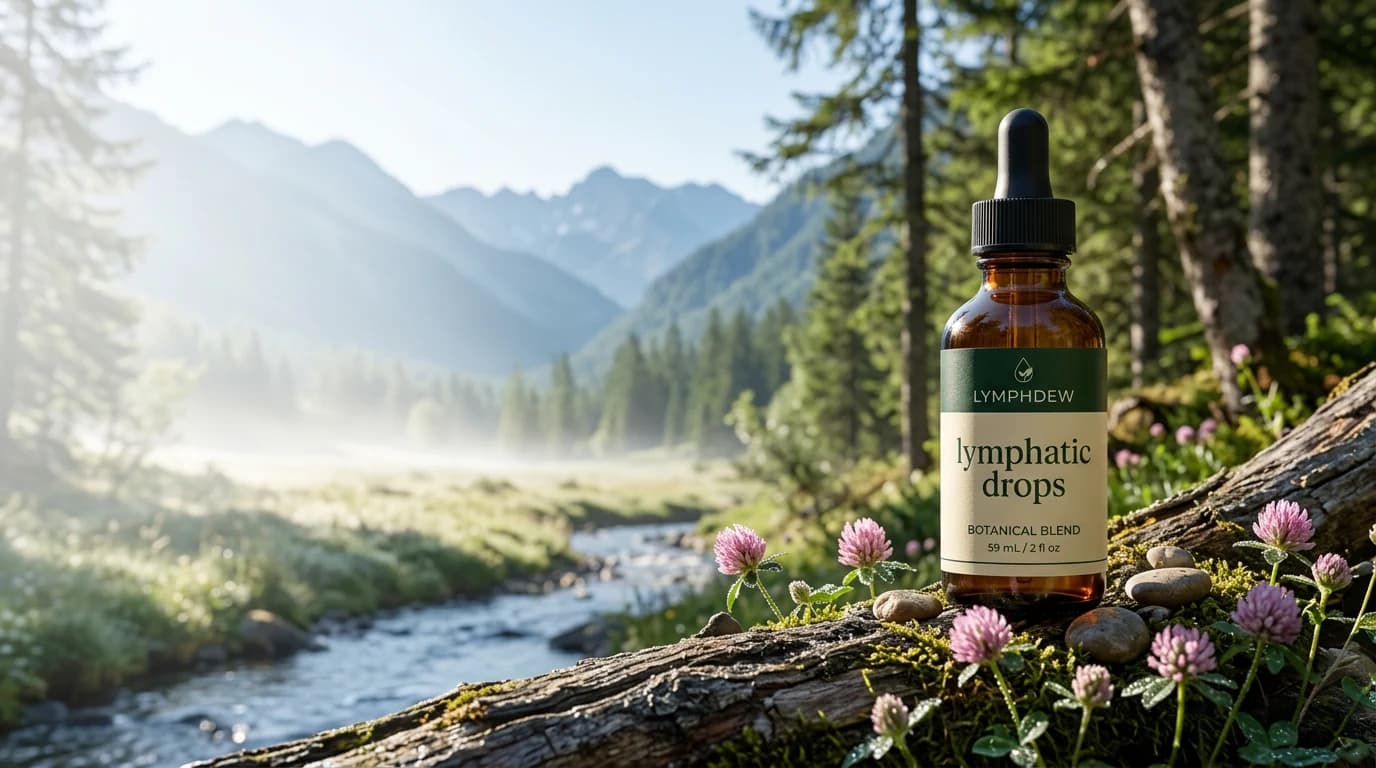 LymphDew botanical drops beside a clear alpine stream and dew-covered clover