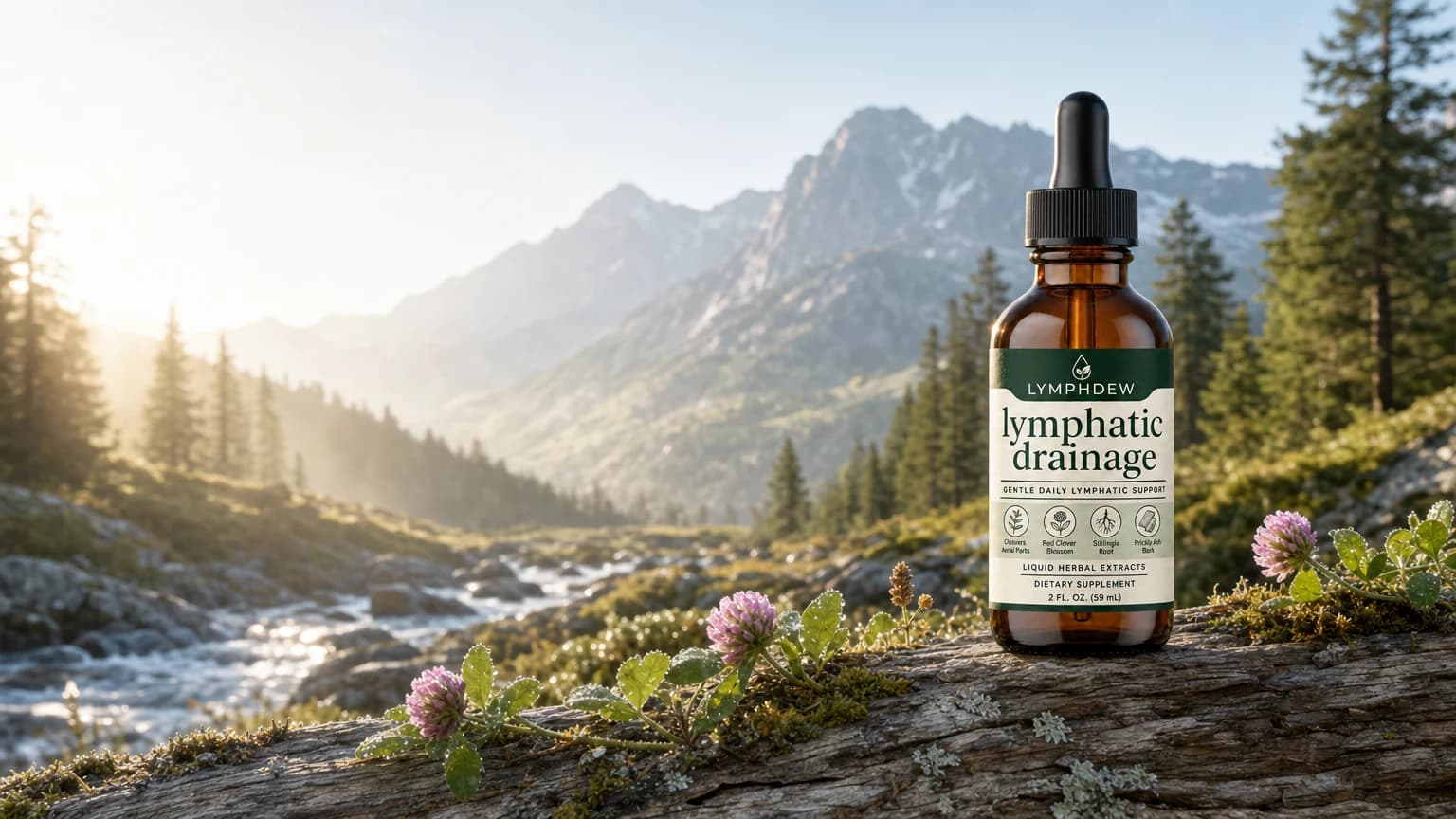 LymphDew botanical drops beside a clear alpine stream and dew-covered clover